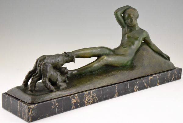 Art Deco bronze sculpture of a reclining nude with goats