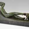 Art Deco bronze sculpture of a reclining nude with goats