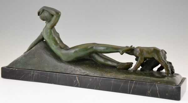 Art Deco bronze sculpture of a reclining nude with goats