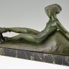 Art Deco bronze sculpture of a reclining nude with goats