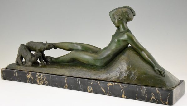 Art Deco bronze sculpture of a reclining nude with goats