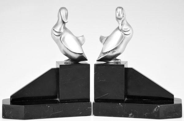 Art Deco silvered bronze duck bookends