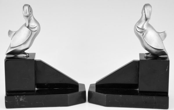 Art Deco silvered bronze duck bookends