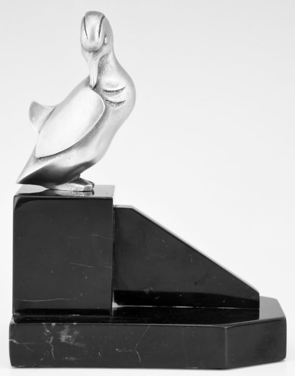 Art Deco Buchstütze Bronze versilbert Ente