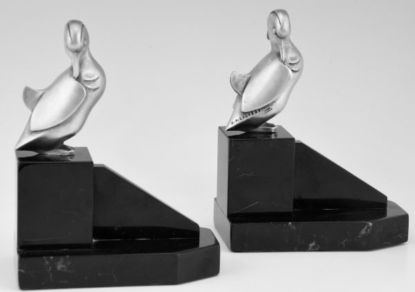 Art Deco silvered bronze duck bookends