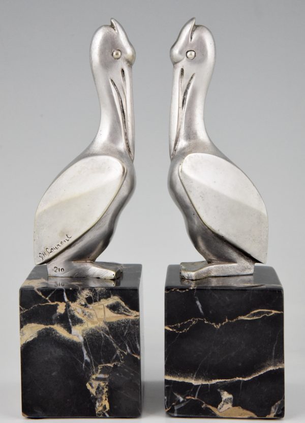 Art Deco silvered bronze pelican bookends.