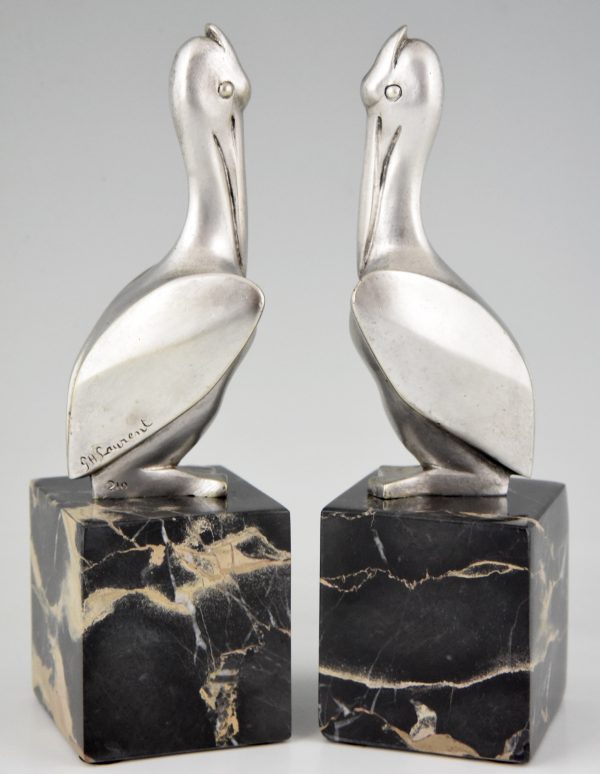 Art Deco silvered bronze pelican bookends.