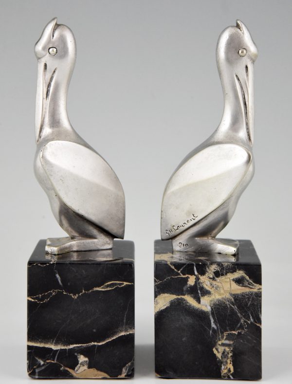 Art Deco silvered bronze pelican bookends.