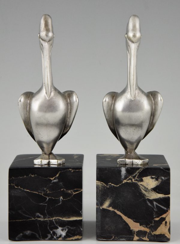 Art Deco silvered bronze pelican bookends.