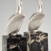 Art Deco silvered bronze pelican bookends.