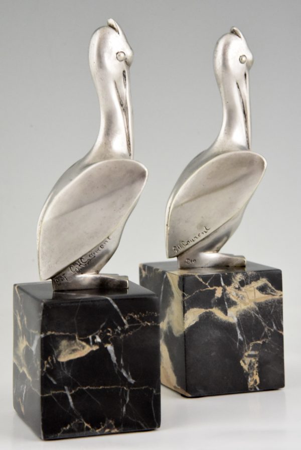 Art Deco silvered bronze pelican bookends.