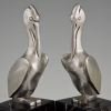 Art Deco silvered bronze pelican bookends.