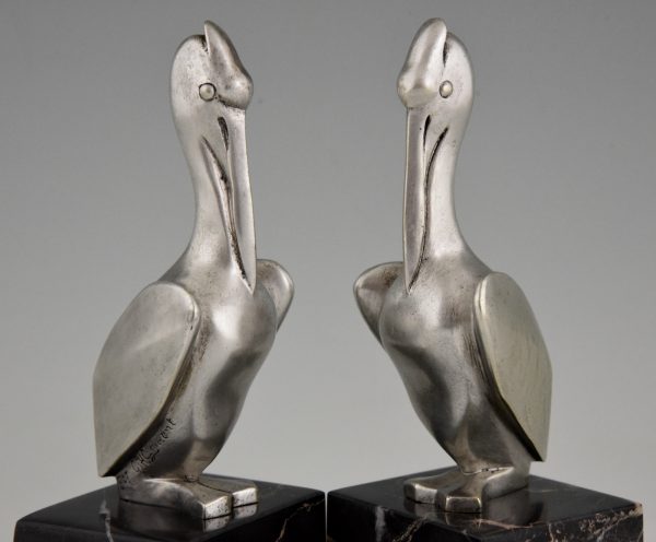 Art Deco silvered bronze pelican bookends.