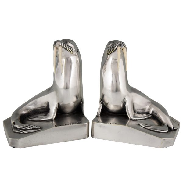 Art Deco silvered bronze walrus bookends