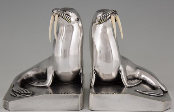 Art Deco silvered bronze walrus bookends