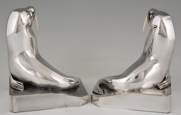 Art Deco silvered bronze walrus bookends