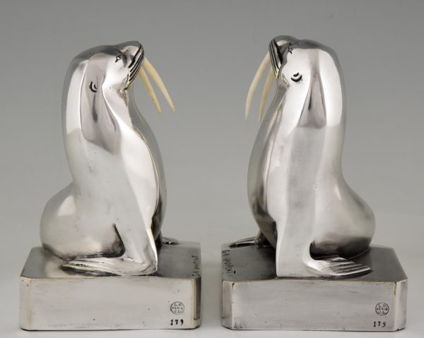 Art Deco silvered bronze walrus bookends