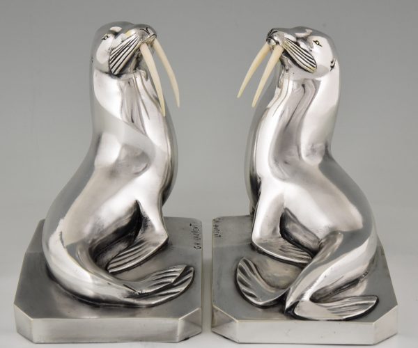 Art Deco silvered bronze walrus bookends