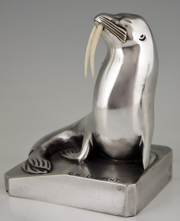 Art Deco silvered bronze walrus bookends