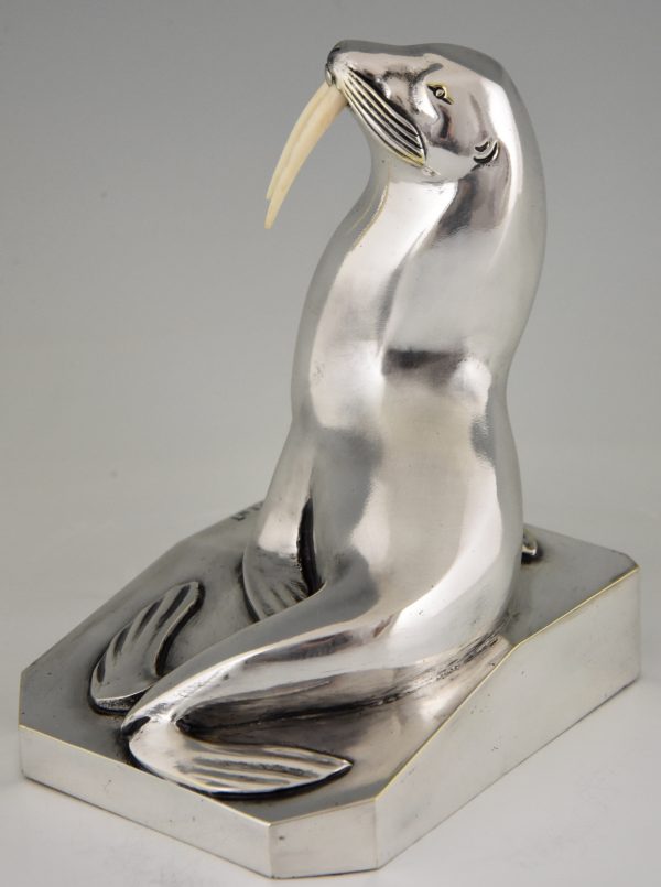 Art Deco silvered bronze walrus bookends