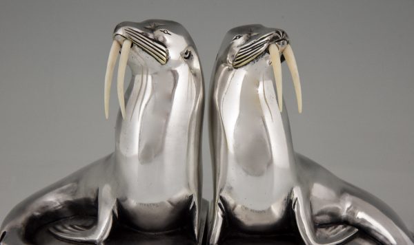 Art Deco silvered bronze walrus bookends