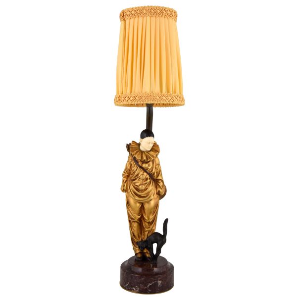 Art Deco bronzen lamp met Pierrot clown en kat