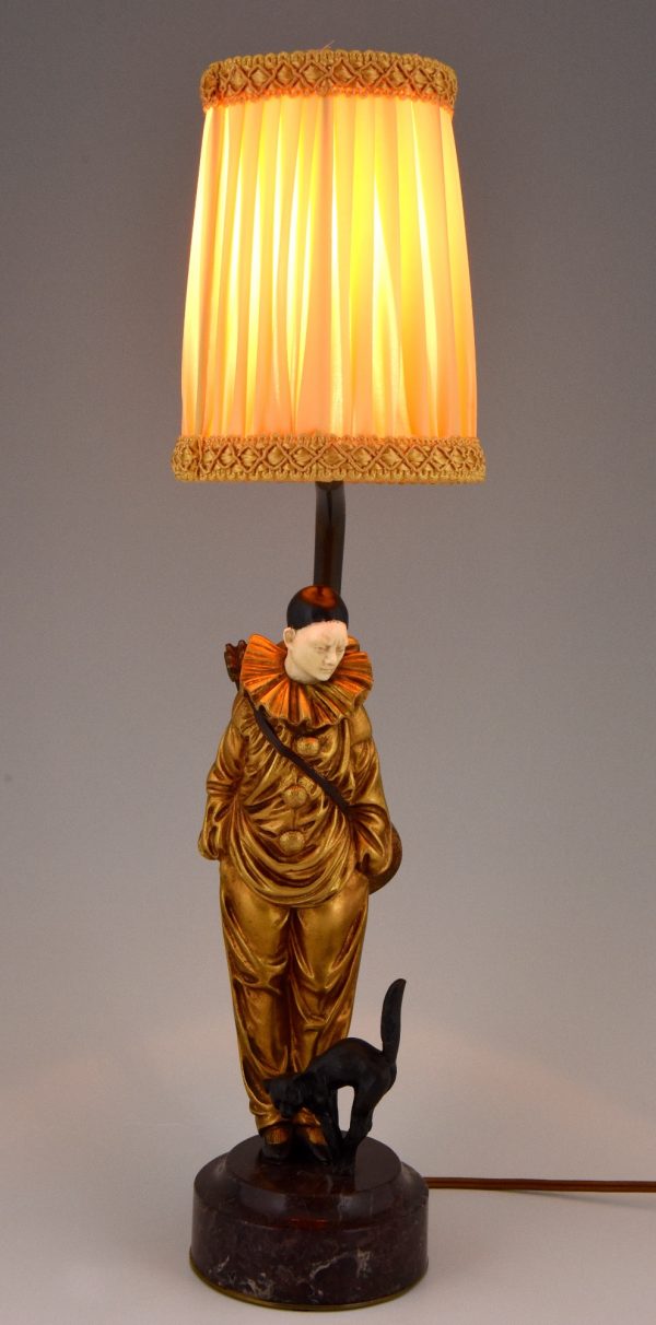 Art Deco lampe sculpture en bronze Pierrot clown et chat