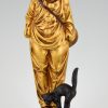 Art Deco lampe sculpture en bronze Pierrot clown et chat