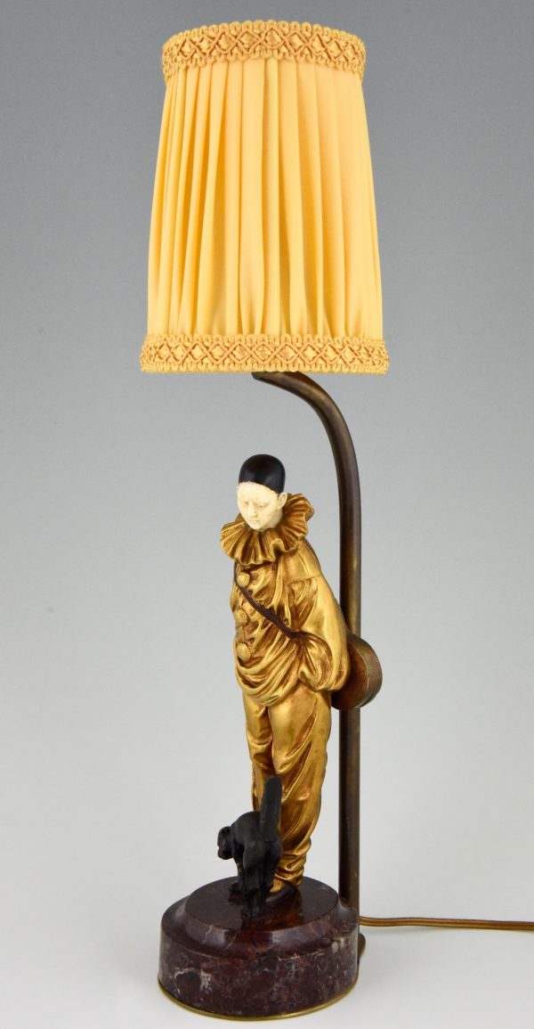 Art Deco lampe sculpture en bronze Pierrot clown et chat