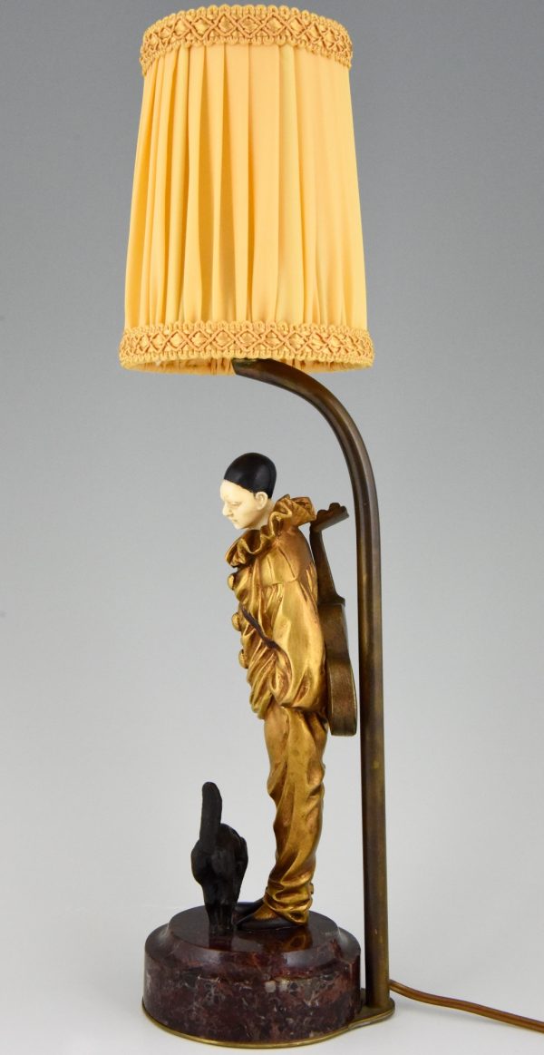 Art Deco lampe sculpture en bronze Pierrot clown et chat