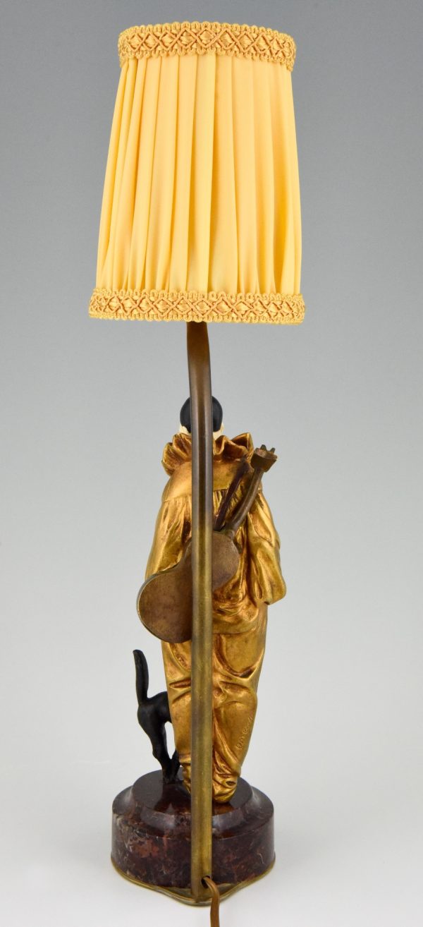 Art Deco bronze lamp with pierrot clown and cat