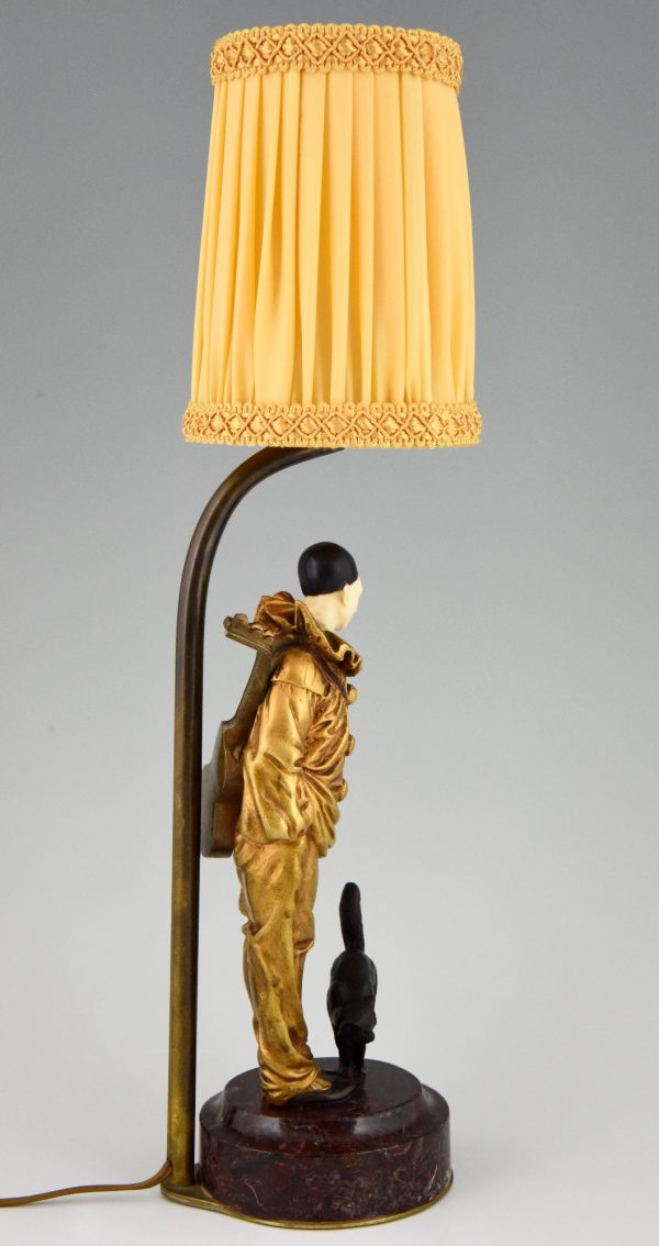 Art Deco lampe sculpture en bronze Pierrot clown et chat