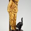 Art Deco lampe sculpture en bronze Pierrot clown et chat