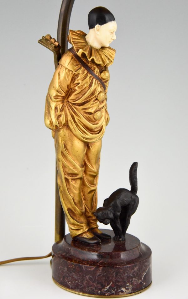 Art Deco lampe sculpture en bronze Pierrot clown et chat