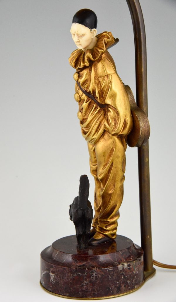 Art Deco bronze lamp with pierrot clown and cat