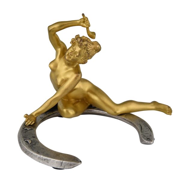 Jugendstil Bronze Frauenakt auf Hufeisen