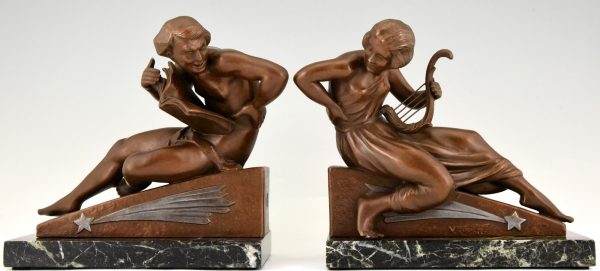 Art Deco bookends man with music book and woman with lyre