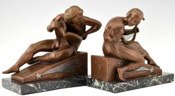 Art Deco bookends man with music book and woman with lyre