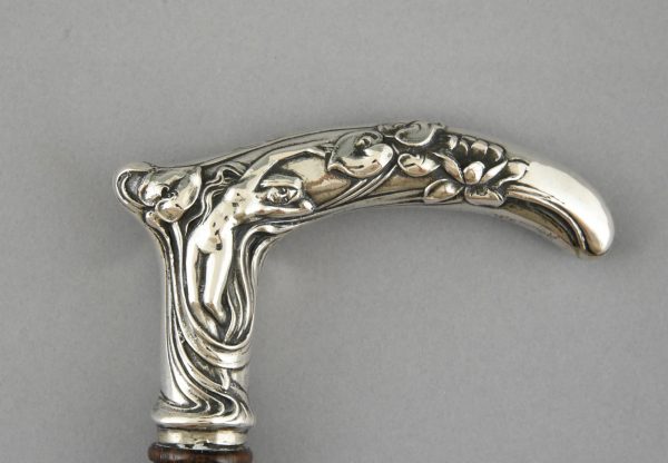 Art Nouveau walking stick or cane with nude and flowers