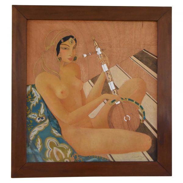 Art Deco orientalist painting of a nude with a gumbri, 1933