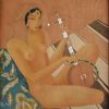 Art Deco orientalist painting of a nude with a gumbri, 1933