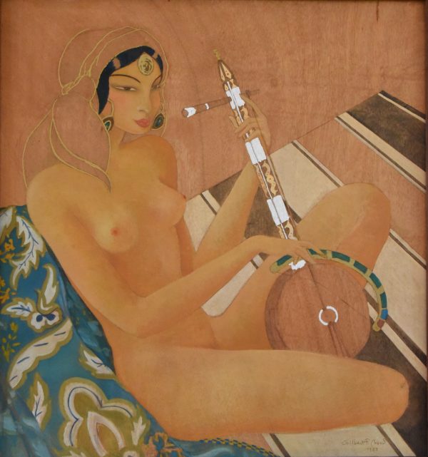 Art Deco orientalist painting of a nude with a gumbri, 1933