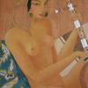 Art Deco orientalist painting of a nude with a gumbri, 1933
