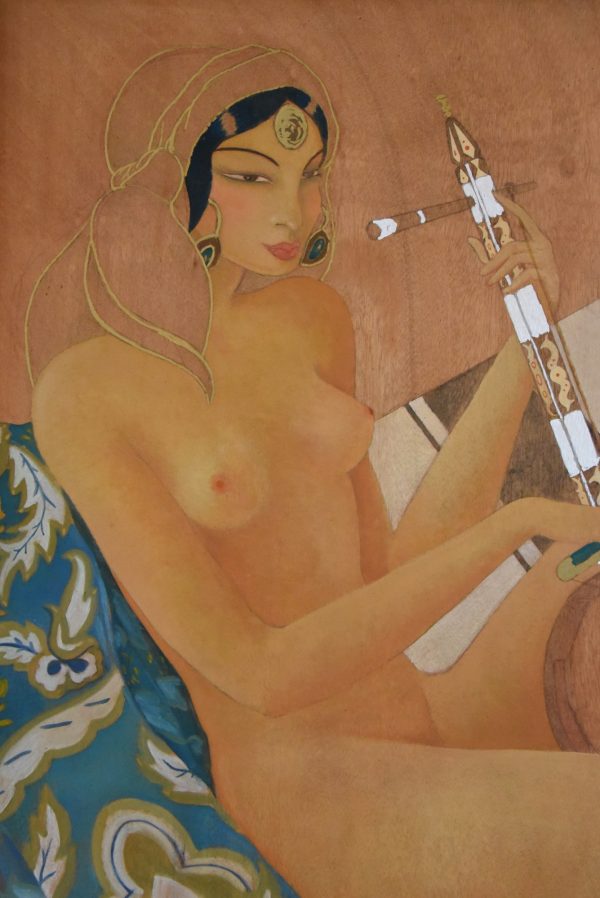 Art Deco orientalist painting of a nude with a gumbri, 1933