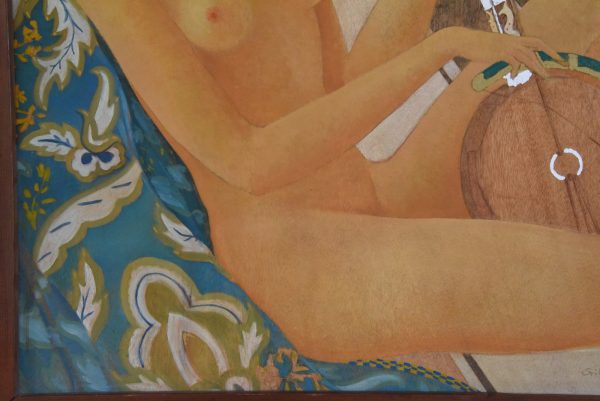 Art Deco orientalist painting of a nude with a gumbri, 1933