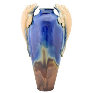 Art Deco blue ceramic vase with fish handles