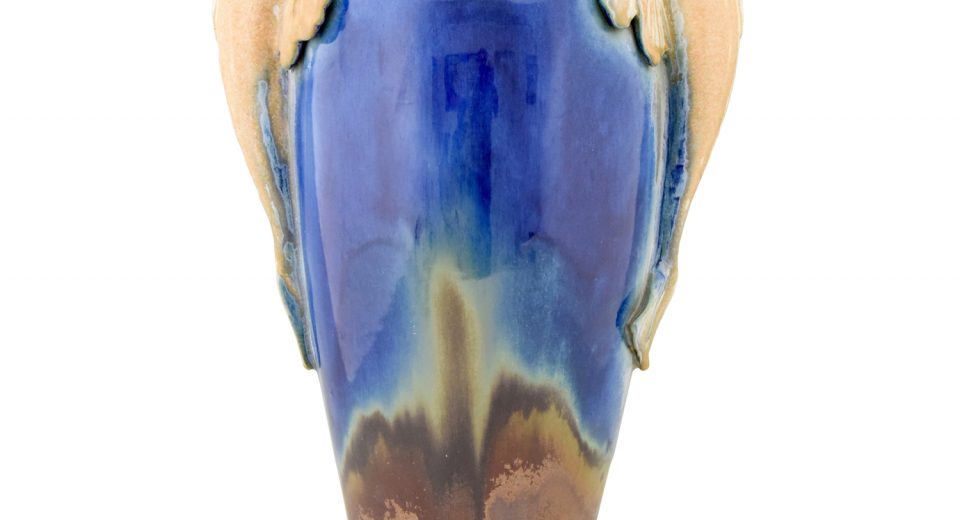 Art Deco blue ceramic vase with fish handles