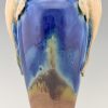 Art Deco blue ceramic vase with fish handles