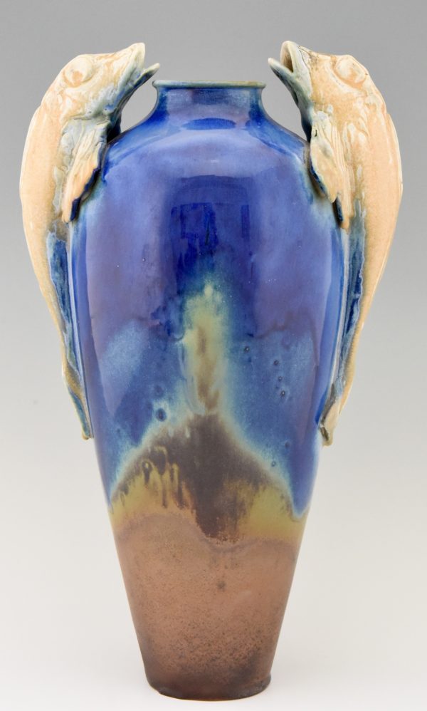 Art Deco vase ceramique blue aux poissons