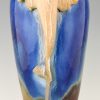 Art Deco blue ceramic vase with fish handles